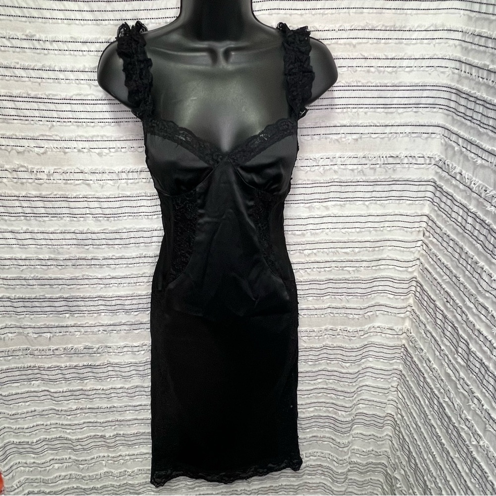 Ya Los Angeles Black Satin Lace Slip Dress | Gothic Coquette Lingerie Core